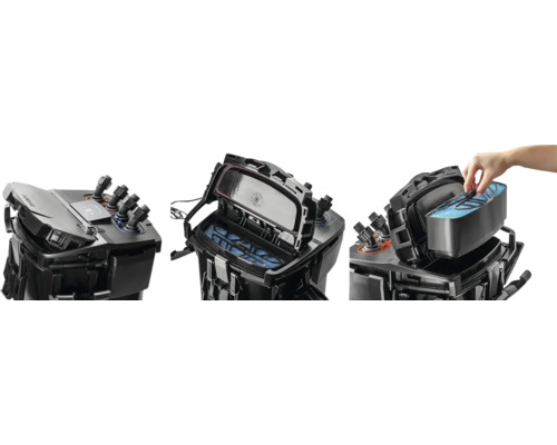 Drei Ansichten eines Aquarien Außenfilters mit Filtermedien.