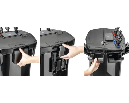 Aquarium Aussenfilter in drei Ansichten mit Filtermedien und Hand