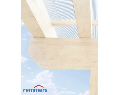 Holzkonstruktion mit Wellplatten und Remmers Logo