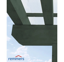 Holzkonstruktion mit durchsichtigem Dach und Remmers Logo