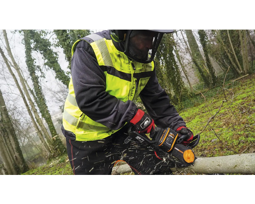 Eine Person sägt einen Baumstamm mit einer Kettensäge, geschützt durch Sicherheitskleidung.