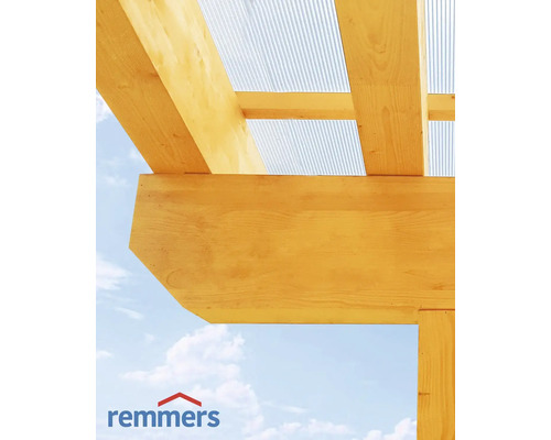 Detailansicht eines Holzrahmens mit transluzentem Dach und Remmers Logo