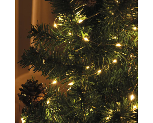 Weihnachtsbaum geschmückt mit Lichterkette und Tannenzapfen