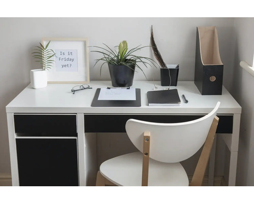 Ein heller Arbeitsplatz mit Schreibtisch, Stuhl, Pflanzen und Büroartikeln.