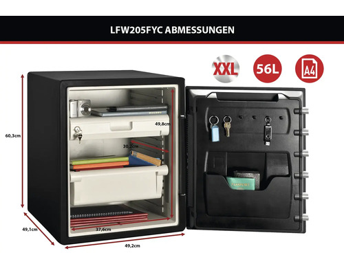 Offener Möbeltresor mit Größenangaben und Fächern zur Aufbewahrung