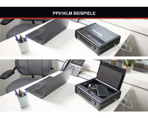 Master Lock Logo Sicherheitstruhe am Schreibtisch mit Laptop und Büromaterial