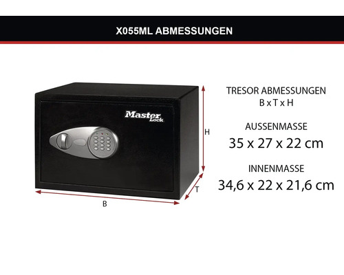 Master Lock Tresor X055ML mit elektronischem Zahlenschloss und den Maßen 35 mal 27 mal 22 Zentimeter.
