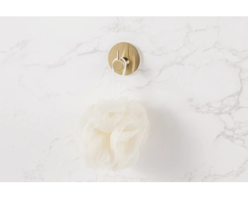 Messingfarbener Badarmatur-Haken mit Badeschwamm