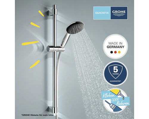 Brausestangenset mit Handbrause und den Logos Quickfix, Grohe sowie den Zeichen Made in Germany, fünf Jahre Garantie und Kleben oder Bohren