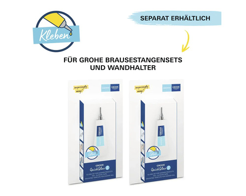 Zwei Packungen Grohe QuickGlue Klebesets für Brausestangensets und Wandhalter, separat erhältlich.