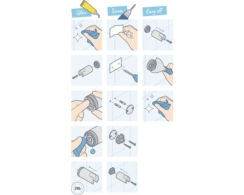 Illustrierte Montageanleitung für ein Produkt mit Kleben, Schrauben und einfachem Entfernen