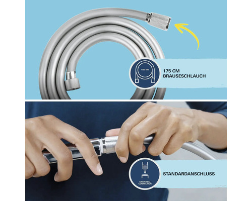 Abbildung eines 175 cm langen Duschschlauchs mit Standardanschluss.