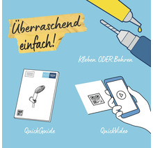 Informationen zur Installation: Kleben oder Bohren, Schnellstartanleitung, schnelles Video