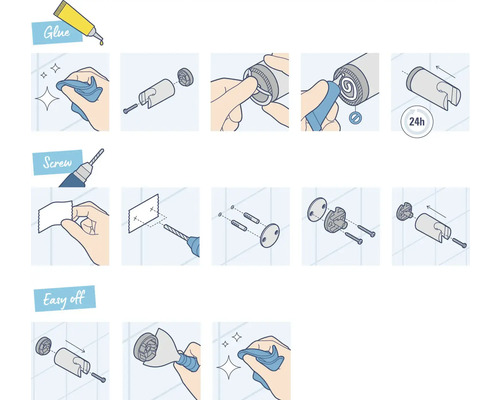 Montageanleitung für ein Produkt mit Klebstoff, Schrauben oder einfacher Demontage.