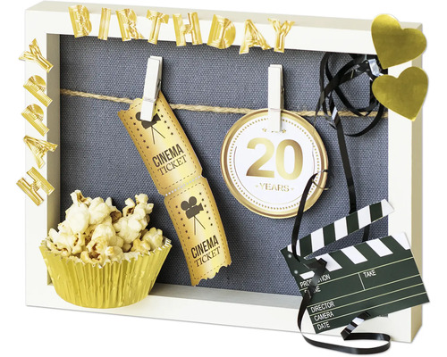Dekorativer Geburtstagsrahmen mit Popcorn, Kinokarten, Filmklappe und Luftballons