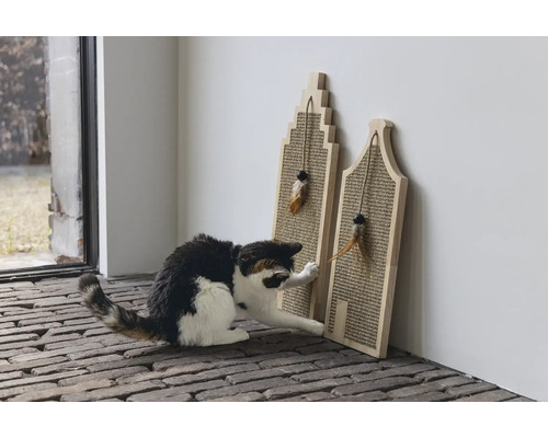 Katze spielt mit zwei Kratzbrettern in Hausform mit Federspielzeug