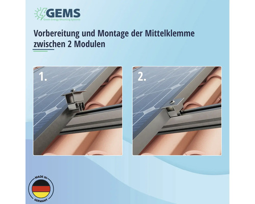 Montage einer mittleren Klemme zwischen zwei Solarmodulen auf einem Dach