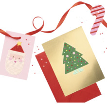 Weihnachtskarten mit Weihnachtsmann, Weihnachtsbaum, rotem Umschlag und Schleife