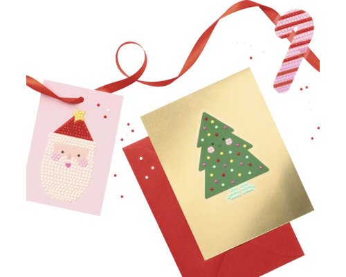 Weihnachtskarten mit Weihnachtsmann, Weihnachtsbaum, rotem Umschlag und Schleife