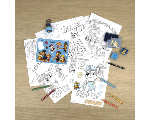 Malset mit Paw Patrol Motiven, inklusive Stiften, Aufklebern, Radiergummi und Stempel