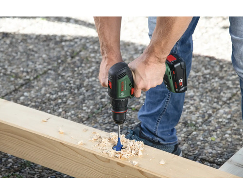 Person bohrt mit einem Akku-Bohrschrauber in ein Holzbrett