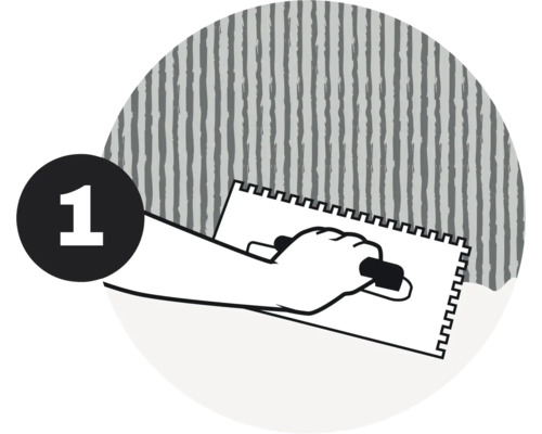 Illustration einer Hand, die mit einer Spachtel Klebstoff auf eine Wand aufträgt, Schritt 1