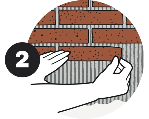 Illustration von zwei Händen, die eine Ziegelwand verlegen, Schritt zwei
