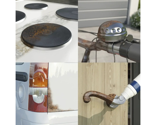 Anwendungsbeispiele für Rostentfernung auf Herdplatten, einem Fahrrad, einem Fahrzeug und einer Türklinke