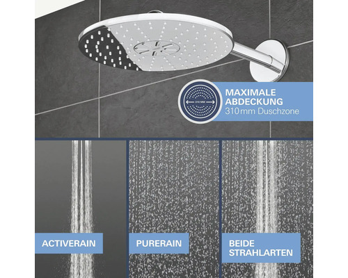 Kopfbrause mit den Strahlarten ActiveRain und PureRain, maximale Abdeckung 310 Millimeter Duschzone