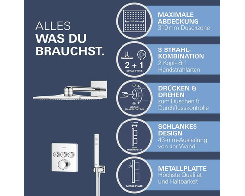 Grohe Duschsystem Eigenschaften mit maximaler Abdeckung, drei Strahlarten, SmartControl, schlankem Design und Metallplatte.