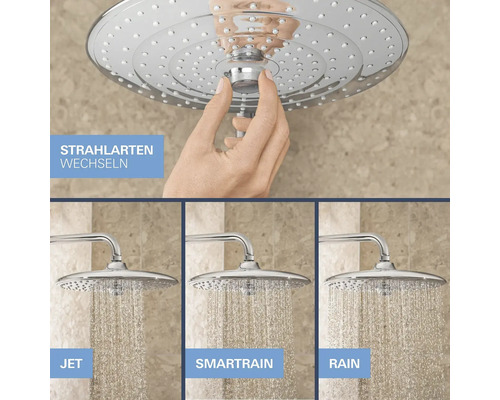 Duschkopf mit verschiedenen Strahlarten: Jet, Smartrain und Rain