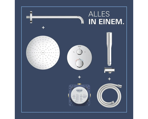 Grohe Duschsystem zur Wandmontage mit Kopfbrause, Handbrause, Brauseschlauch und Thermostat