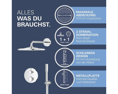 Duschsystem mit Kopfbrause, Handbrause und Thermostat