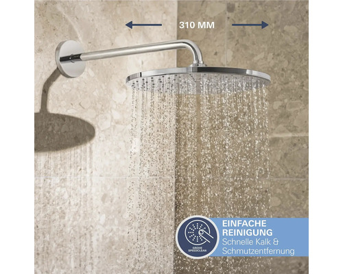 Brausekopf mit 310 Millimeter Abstand zur Wand und einfacher Reinigung von Kalk und Schmutz.