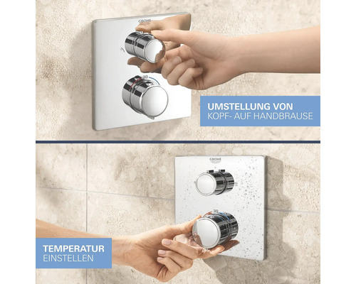 Grohe Armatur mit Thermostat zur Temperaturauswahl und Umstellung von Kopf- auf Handbrause