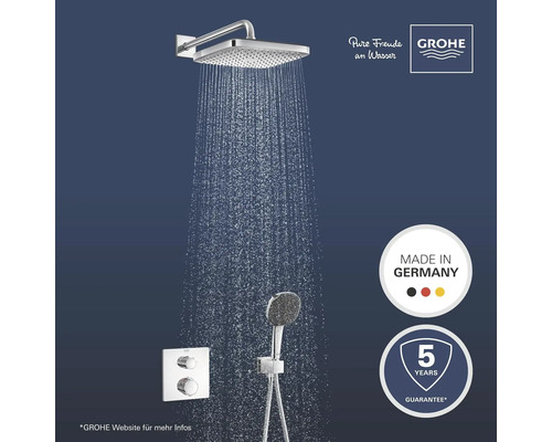 Grohe Duschsystem mit Kopfbrause, Handbrause und Thermostatbatterie. Made in Germany Siegel. Fünf Jahre Garantie.