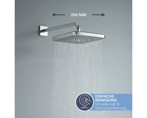 Quadratische Duschbrause mit 250 Millimeter Armlänge und Grohe SpeedClean Funktion