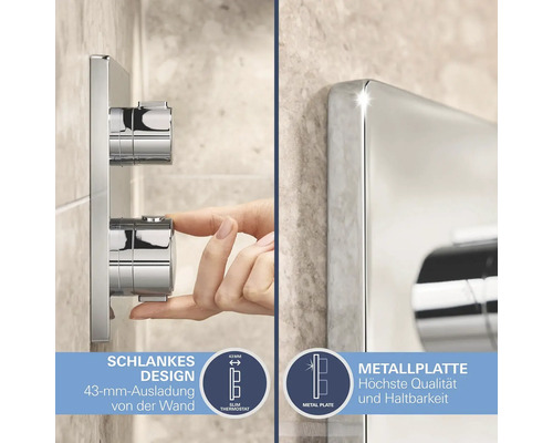 Nahaufnahme eines Thermostat-Duschsystems mit schlankem Design und Metallplatte