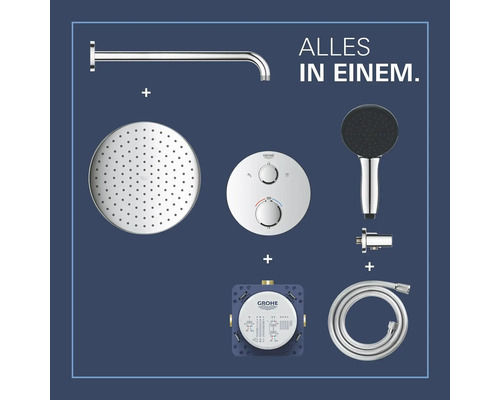 Grohe Duschsystem zur Wandmontage mit Kopfbrause, Handbrause, Brausearm und Thermostat