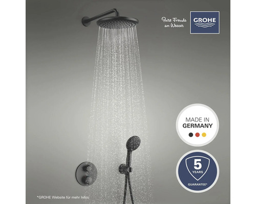 Duschsystem mit Kopfbrause, Handbrause und Thermostatbatterie von Grohe mit dem Qualitätssiegel Made in Germany und fünf Jahre Garantie.