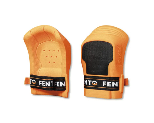 Ein Paar orangefarbene Knieschoner der Marke Fento