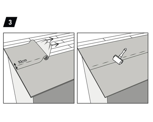 Illustration der Verlegung von Dämmunterlage mit einer 10 Zentimeter Überlappung und eines Andrückrollers.