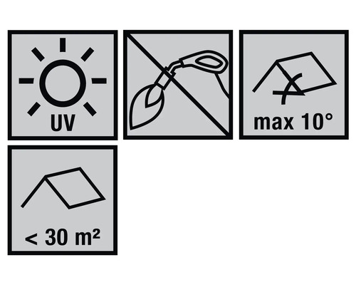 UV-beständig, kein Einsatz von Flammenwerfern, maximal 10 Grad Neigung, weniger als 30 Quadratmeter