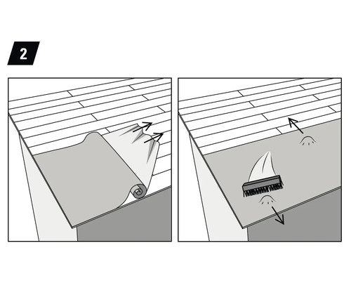 Darstellung des Verlegens von Vinylboden mit einem Abroller und einer Bürste.