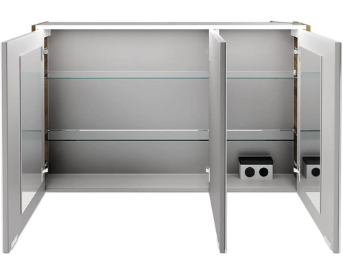 Geöffneter Spiegelschrank mit Glasböden