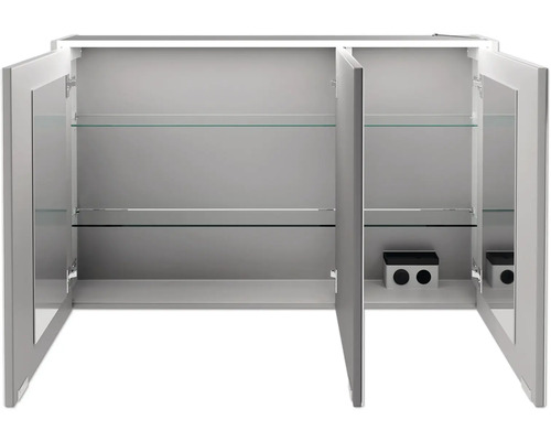 Offener Spiegelschrank mit Glasablagen zur Aufbewahrung im Badezimmer