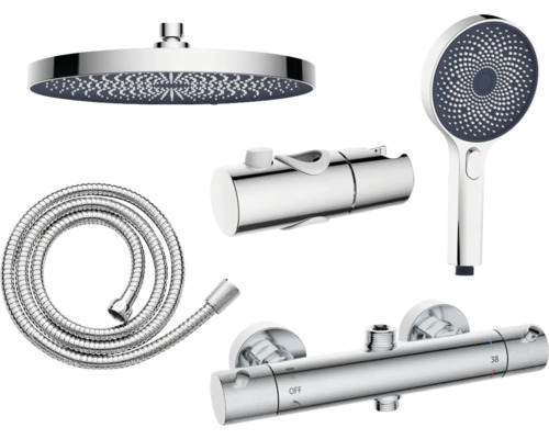 Duschsystem mit Kopfbrause, Handbrause, Brauseschlauch und Thermostatbatterie