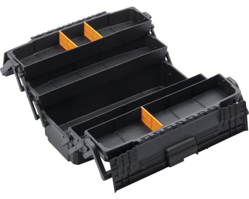 Geöffnete, schwarze Werkzeugkiste mit mehreren Fächern