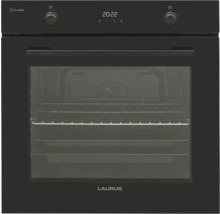 Schwarzer Laurus Einbaubackofen mit digitaler Anzeige und Bedienknöpfen.