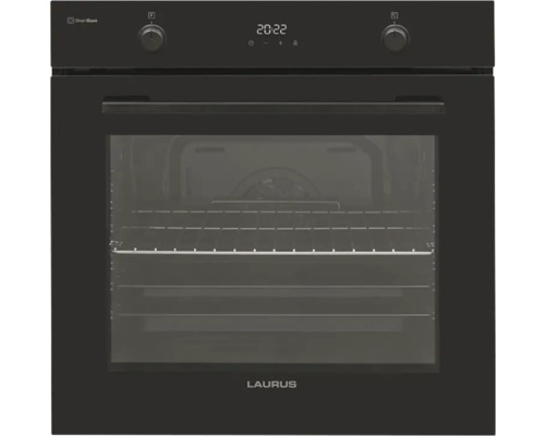 Schwarzer Laurus Einbaubackofen mit digitaler Anzeige und Bedienknöpfen.